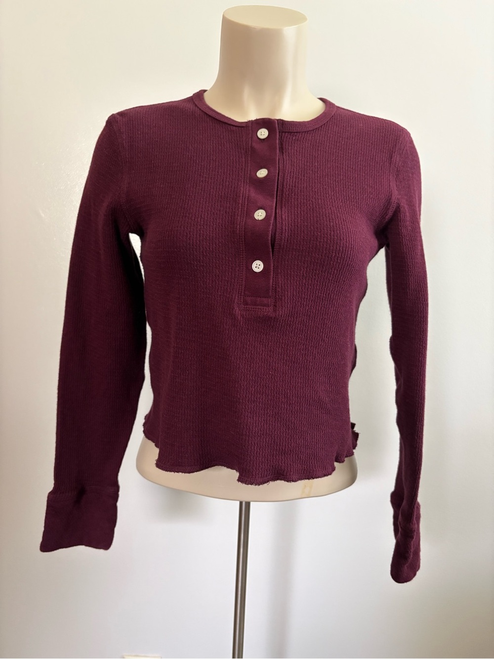 Everlane Waffle Knit Henley Shirt Burgundy Magenta Long Sleeve Small